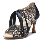 Cut-Out Lace-Up Latin Dance Sandals | Cuban Heel | 6–10cm | White, Black & Nude