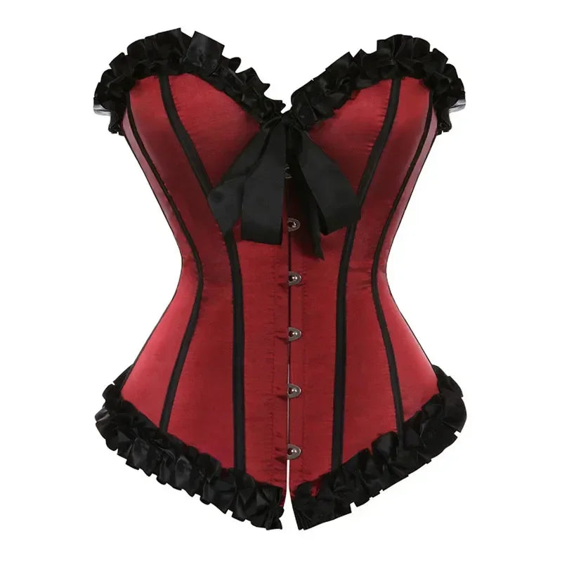Satin Overbust Corset | Ruffle Trim | Lace-Up Back
