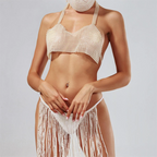 Pearl Sequin Halter Crop Top - Backless V-Neck Camisole