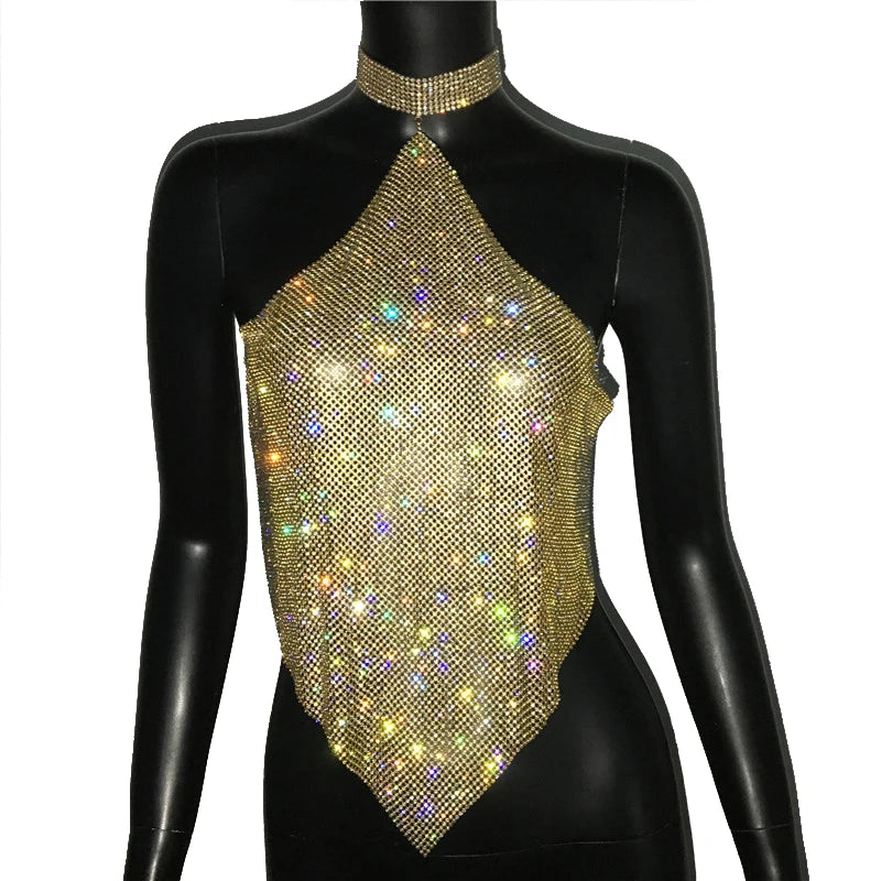 Crystal Rhinestone Halter Mesh Crop Top