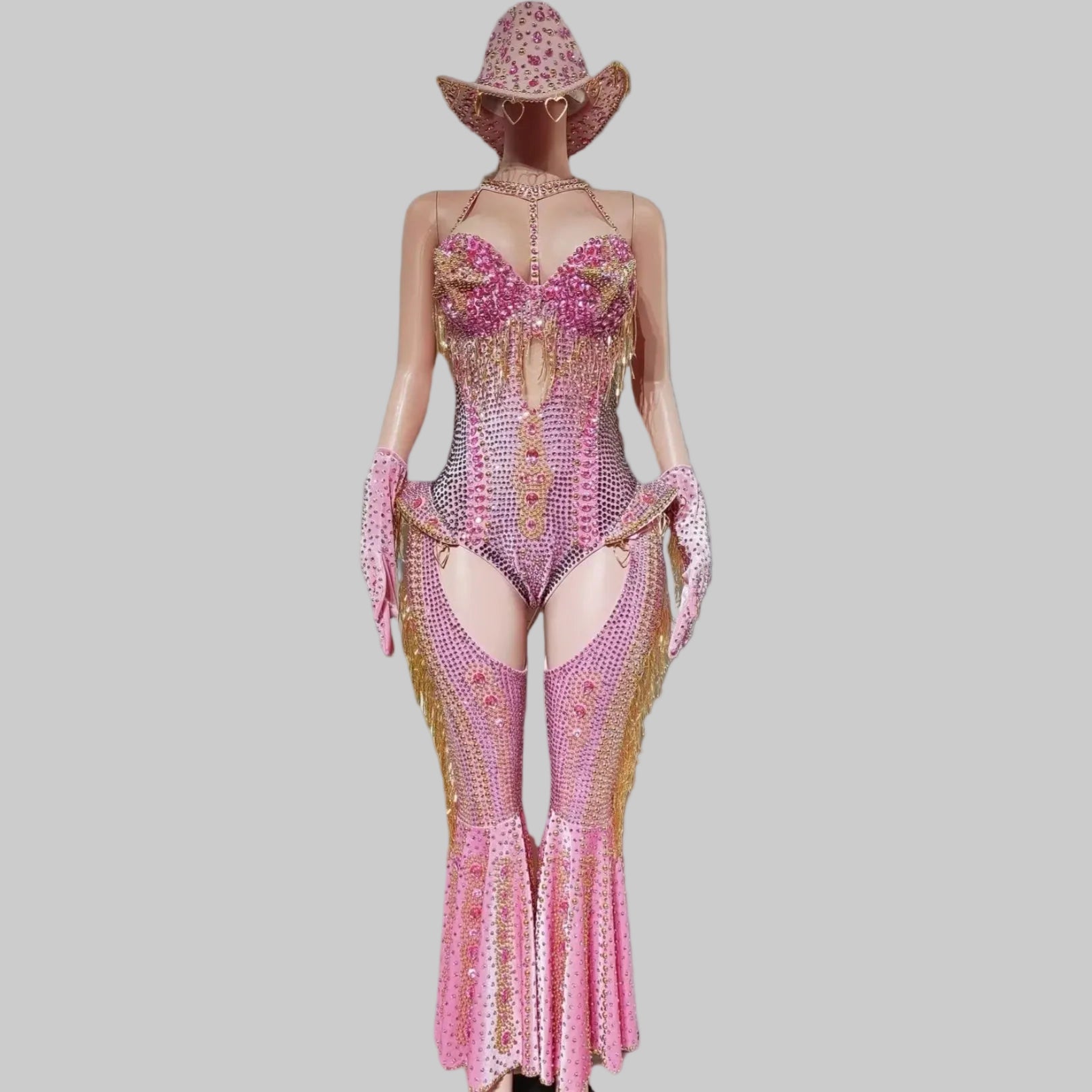 Rhinestone Bodysuit 4-Piece Set - Sparkly Showgirl Outfit with Flare Pants & Crystals