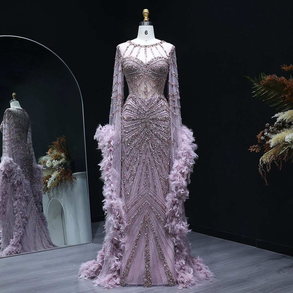 Beaded Mermaid Gown | Feather Cape Sleeves | Caramel & Pink