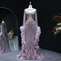 Beaded Mermaid Gown | Feather Cape Sleeves | Caramel & Pink
