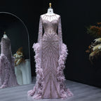 Beaded Mermaid Gown | Feather Cape Sleeves | Caramel & Pink