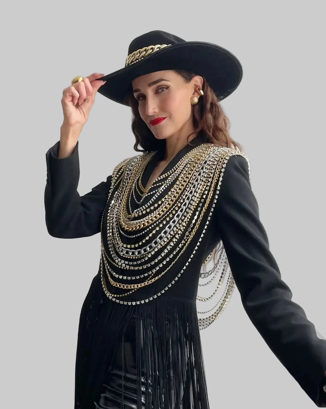 Rhinestone Metal Tassel Chain Crop Top