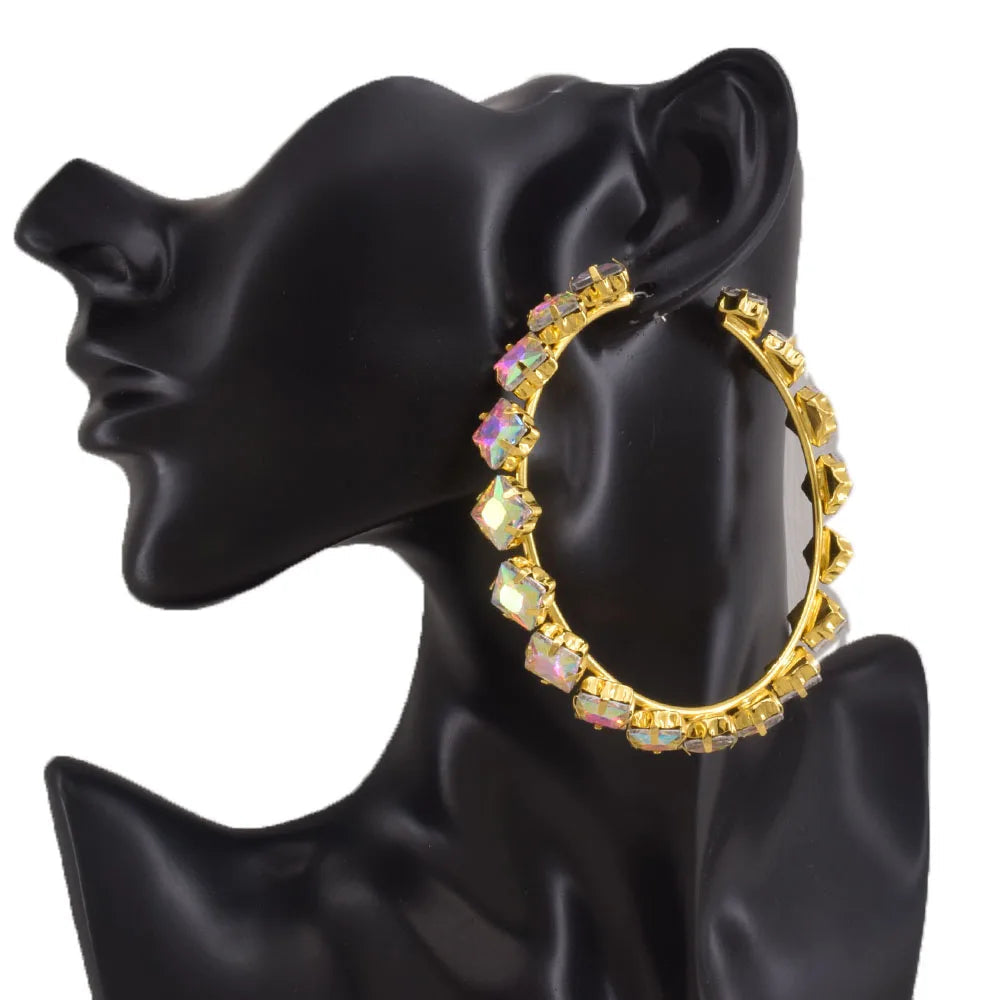 Rhinestone Hoop Earrings | Crystal Glass | Jumbo 8CM