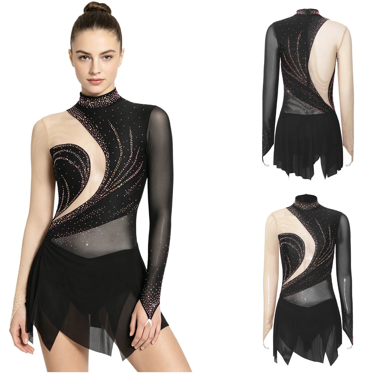 Rhinestone Sheer Mesh Long Sleeve Figure Skating Dress | Open Back | Color Block | Lyrical
