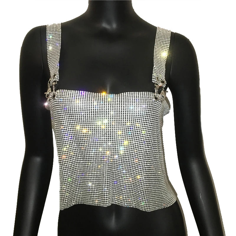 Rhinestone Metal Clip Camisole - Low Cut Backless Crop Top
