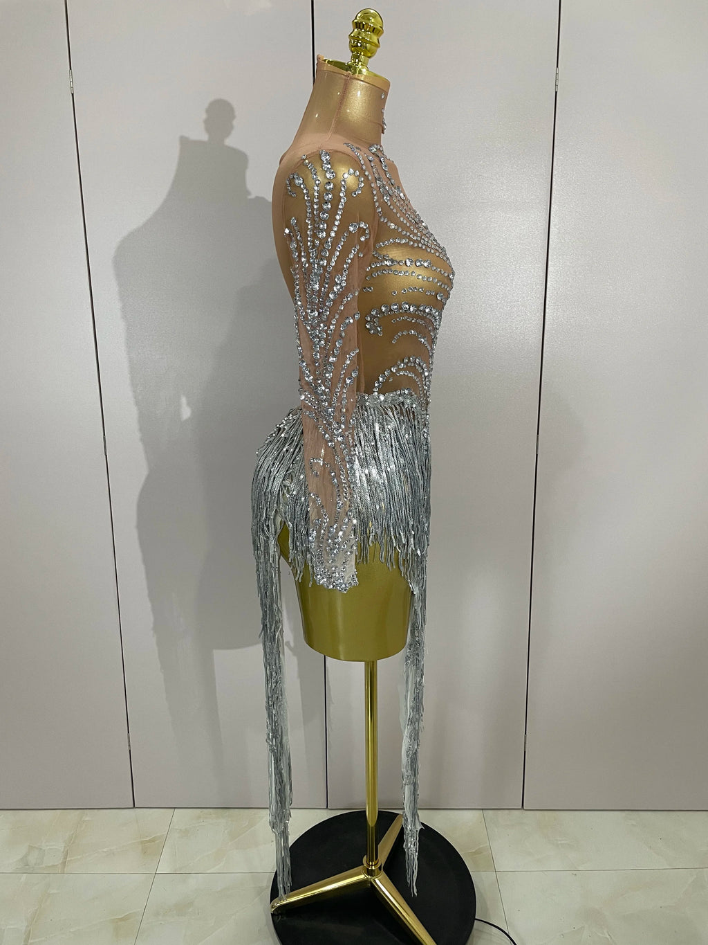Rhinestone Mesh Tassel Dress | Sleeveless | Singer Stage