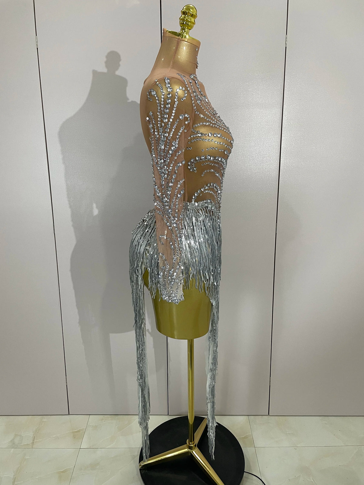 Rhinestone Mesh Tassel Dress | Sleeveless | Singer Stage