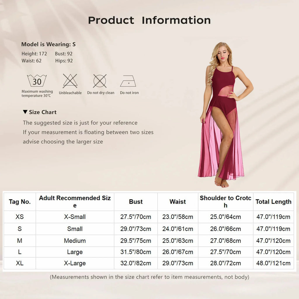 Women's Spaghetti Strap Lyrical Dance Dress | Built-In Leotard & Sheer Mesh Maxi Skirt | Front Slit