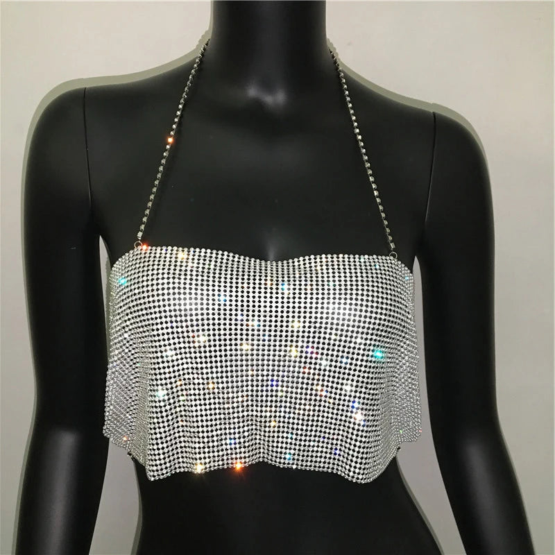 Bling Rhinestone Sequin Halter Crop Top - Backless Metal Tank