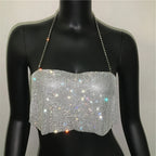 Bling Rhinestone Sequin Halter Crop Top - Backless Metal Tank
