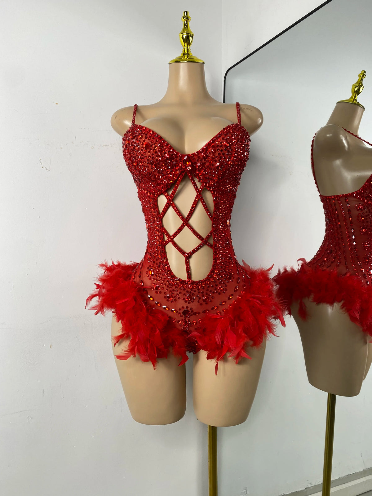 Rhinestone Bodysuit | Feather-Trimmed Hips