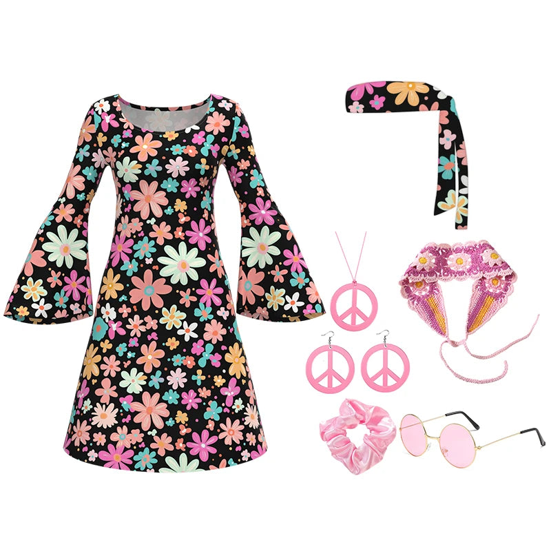 Women's Hippie Costume Set | 7-Piece | 60s 70s Disco Dress