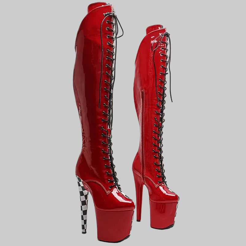 Thigh-High Platform Boots - 8-Inch Grid Pattern Lace-Up Boots for Pole Dance & Performance