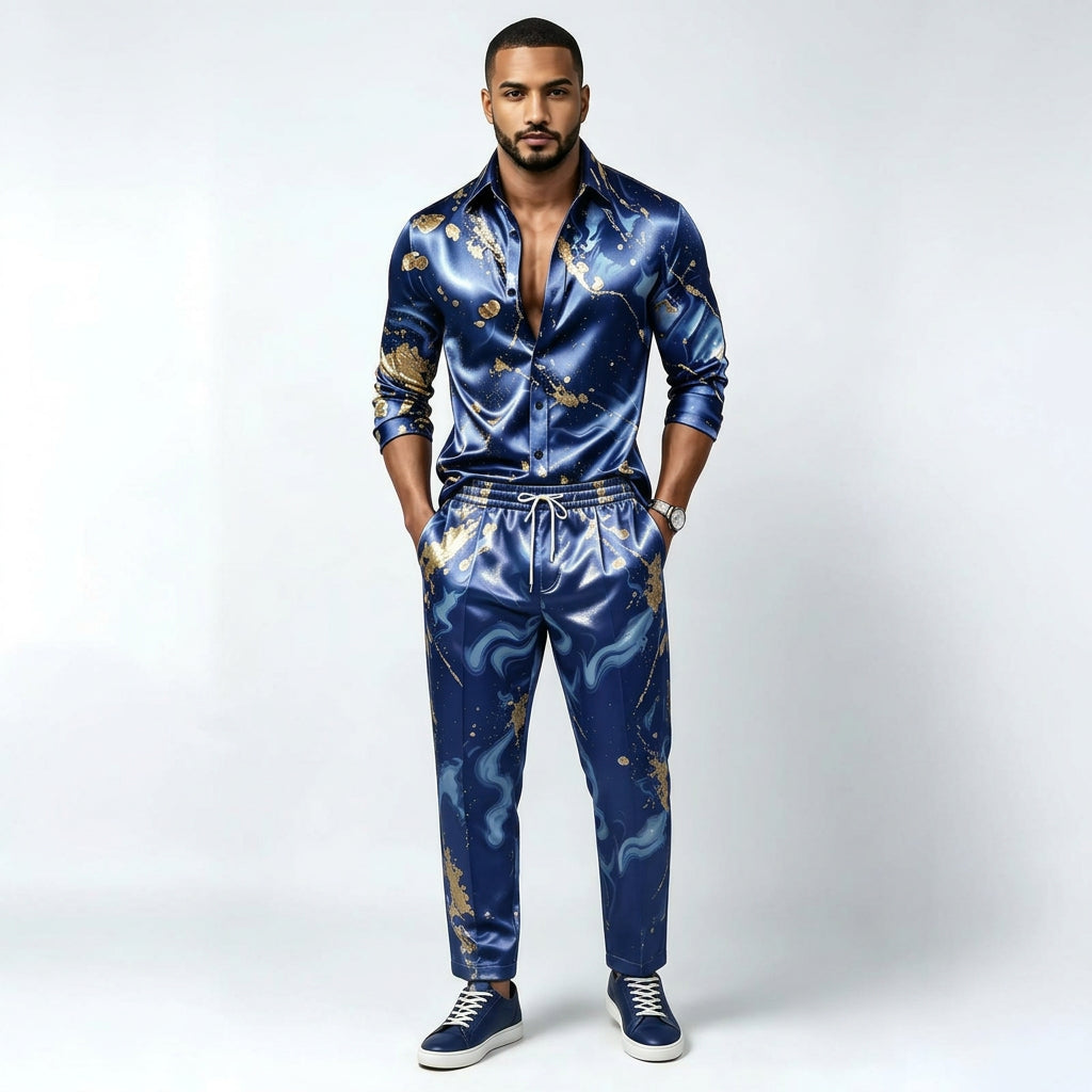 Men's Satin Shirt & Pants Set | Metallic Gold Print | Stage & Party