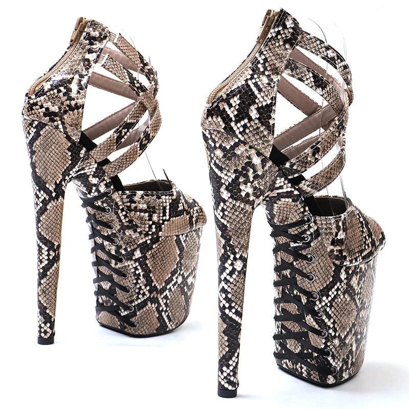 20cm Snake Print Platform Sandals - Lace-Up Dance Heels