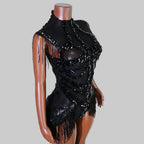 Sexy Mesh Sheer Black Rhinestone Bodysuit