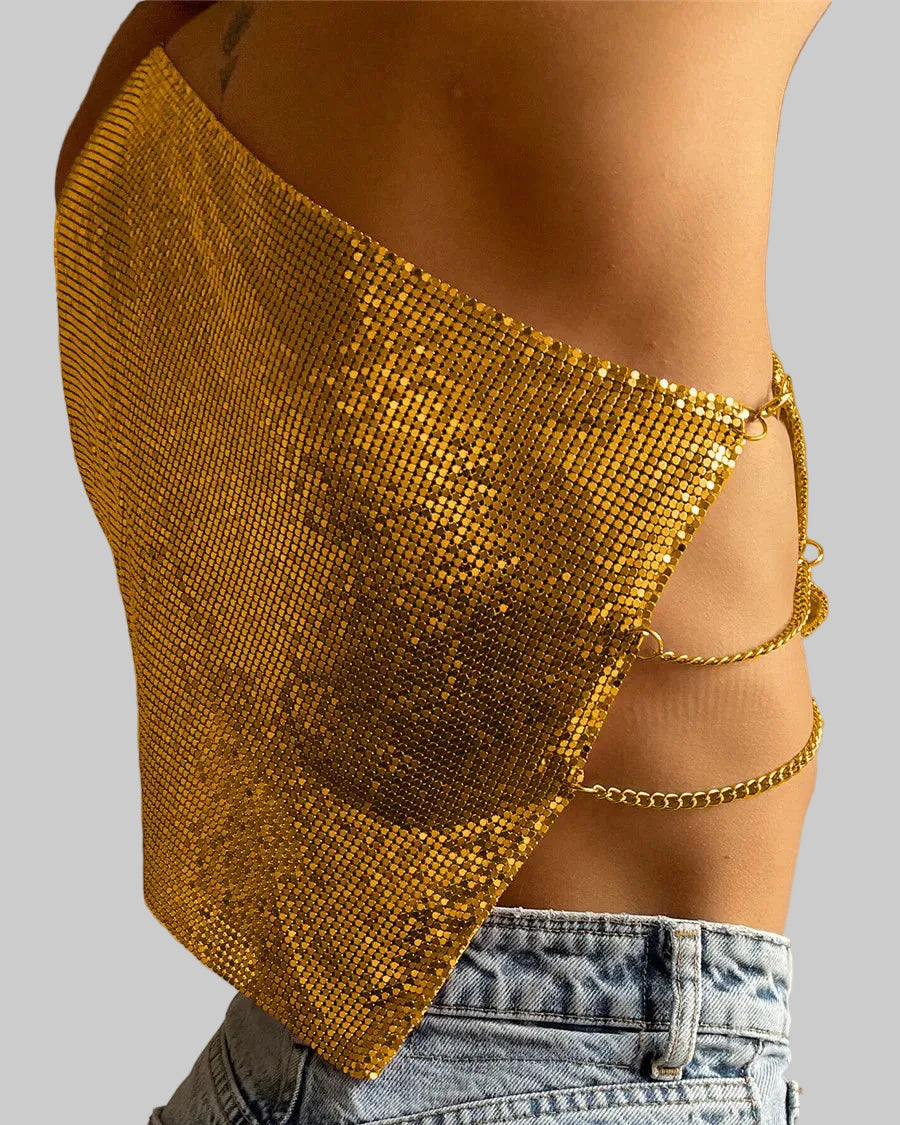 Sequin One-Shoulder Crop Top - Backless Chain Performance Cami