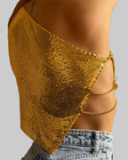 Sequin One-Shoulder Crop Top - Backless Chain Performance Cami