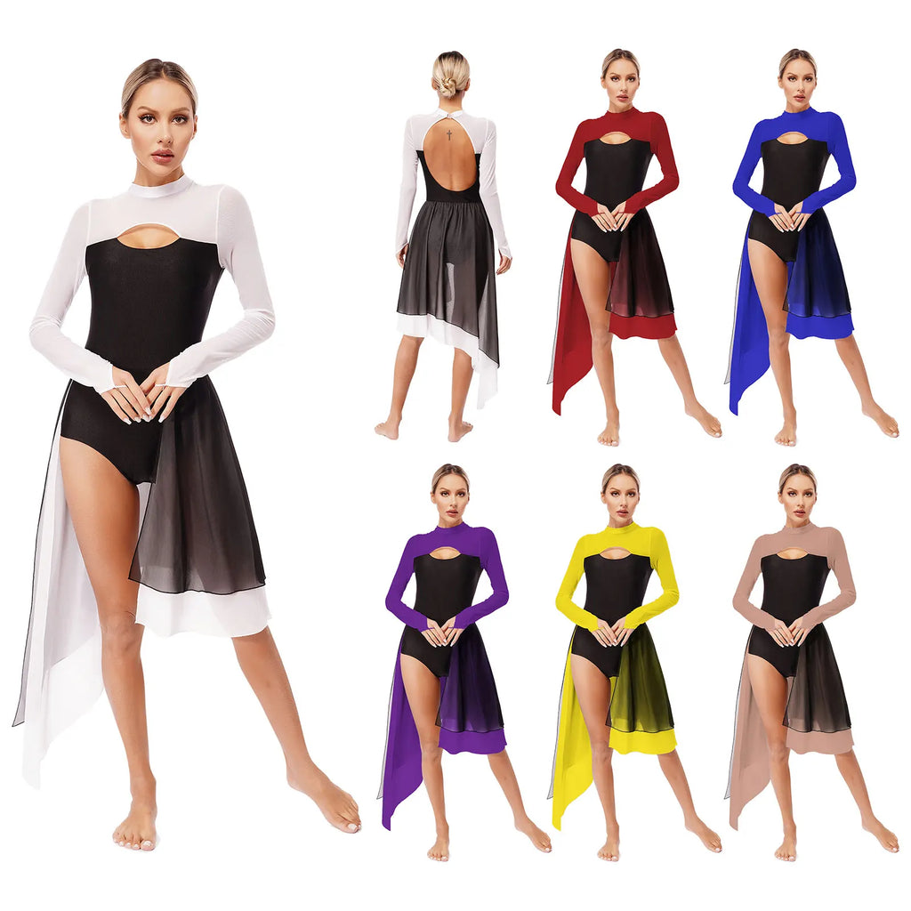 Lyrical Dance Dress | Cutout Back & Mesh Sleeves | Irregular Hem