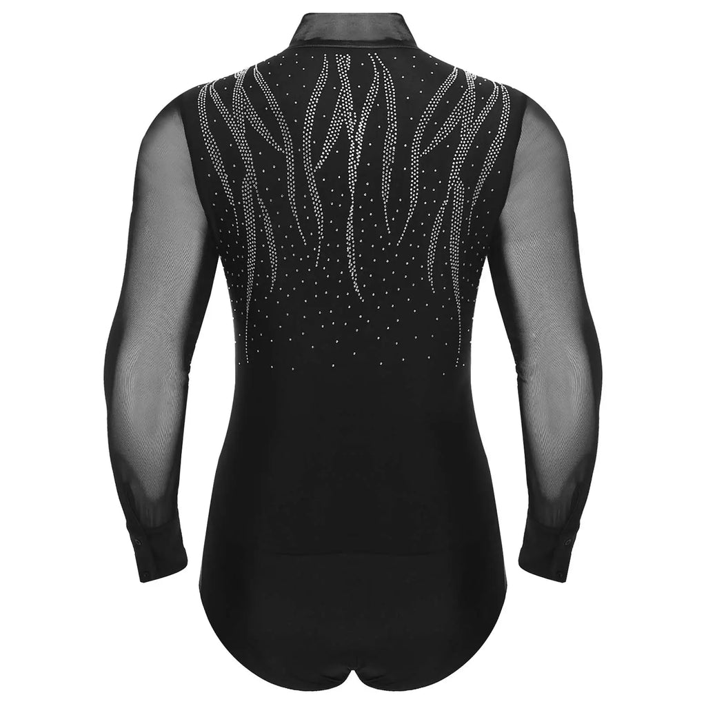 Men's Sheer Mesh Long Sleeve Bodysuit | Deep V Rhinestone | Latin Ballroom Dance