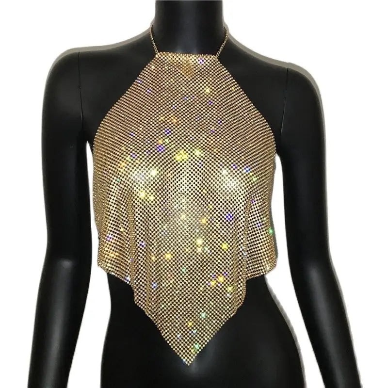 Diamond Grid Rhinestone Bralette - Backless Metal Chain Crop Top