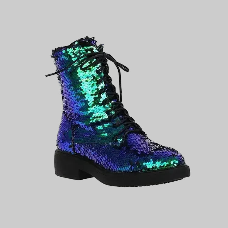 Sequin Ankle Boots - Color-Shifting Glitter Boots with Square Heel
