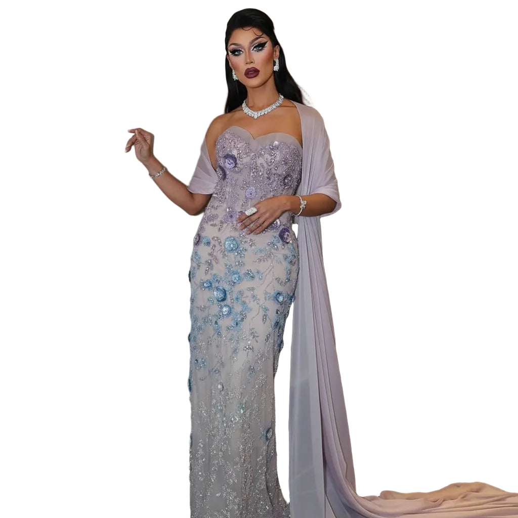 Beaded Lilac Mermaid Gown | Floral Appliqué Cape | Strapless