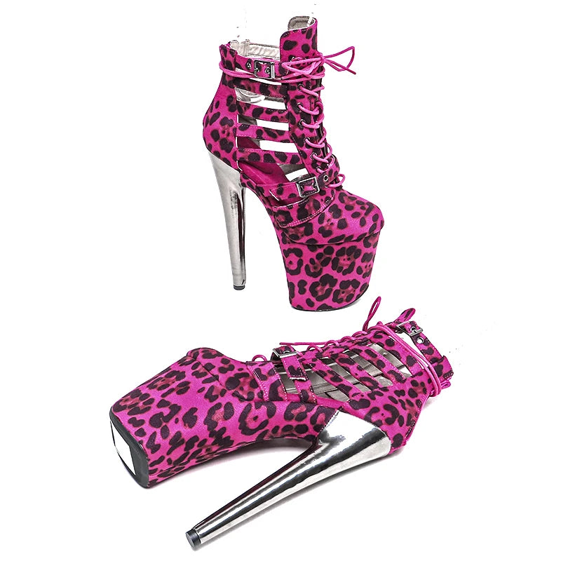 Leopard Print Platform Ankle Boots - 20cm Ultra High Heels for Pole Dance