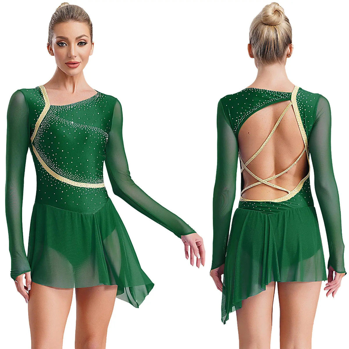 Rhinestone Mesh Skating Dress | Long Sleeve | Backless
