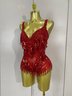 Rhinestone Sequin Tassel Bodysuit | Red & Silver | S–XL