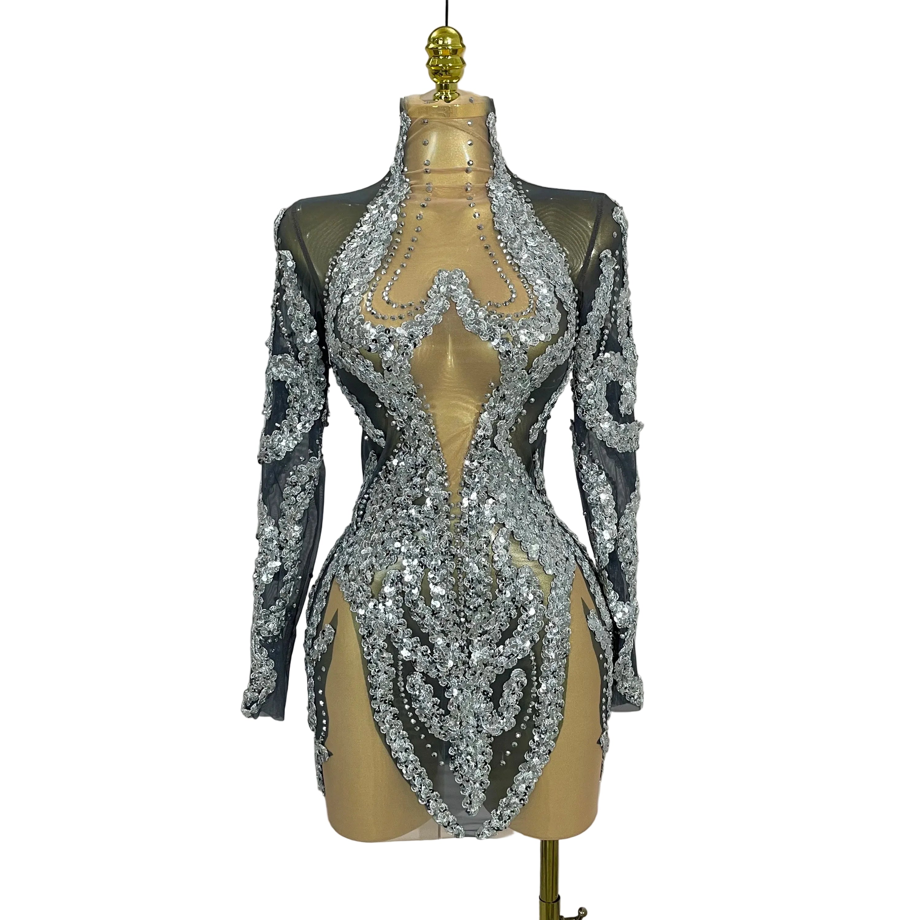 Rhinestone Mesh Long Sleeve Mini Dress | Sparkle | Stage