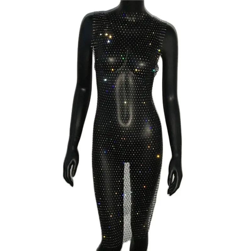 Rhinestone Fishnet Mini Dress - Sheer Cover-Up Party Dress