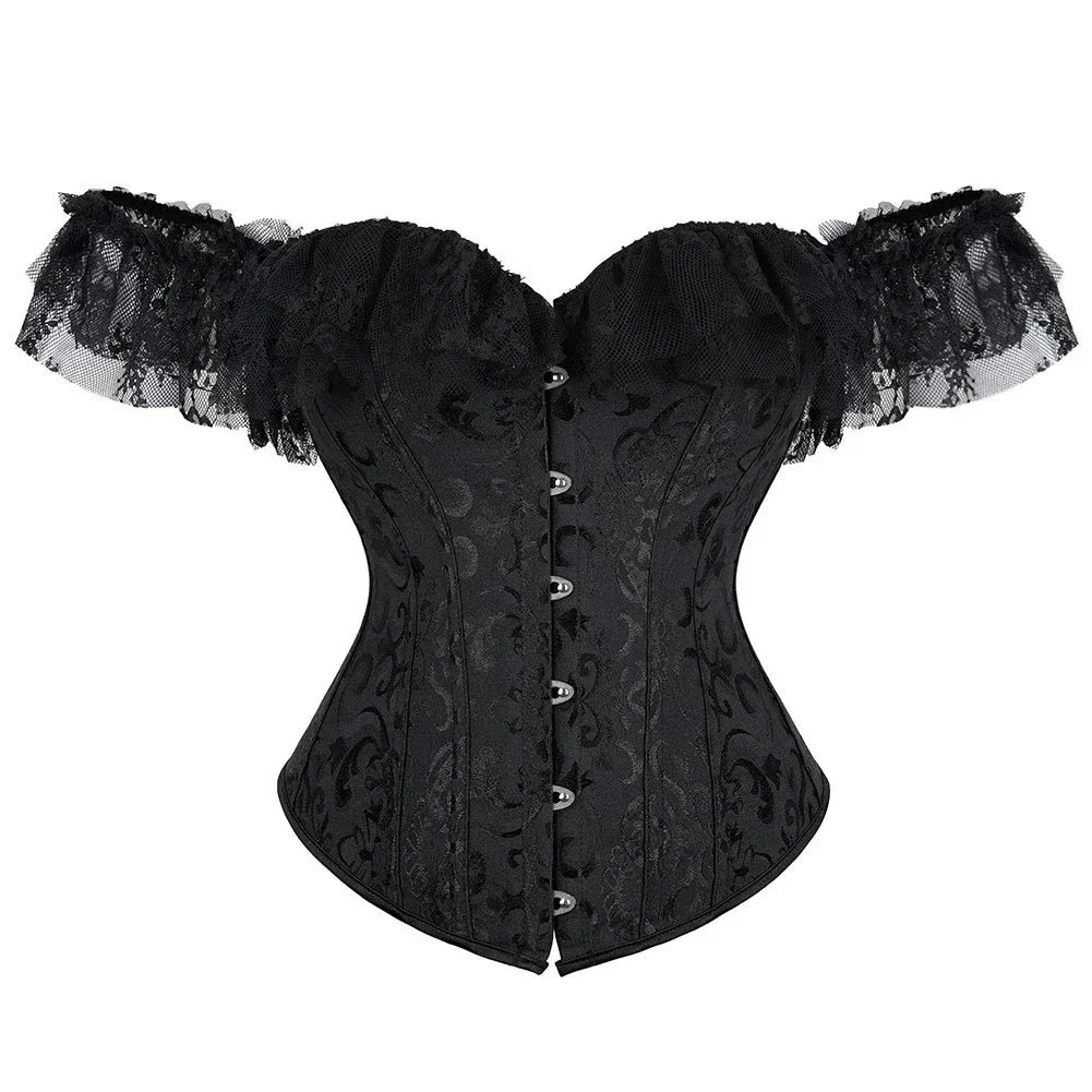 Off-Shoulder Satin Corset | Lace Ruffle Sleeves | Gothic Victorian