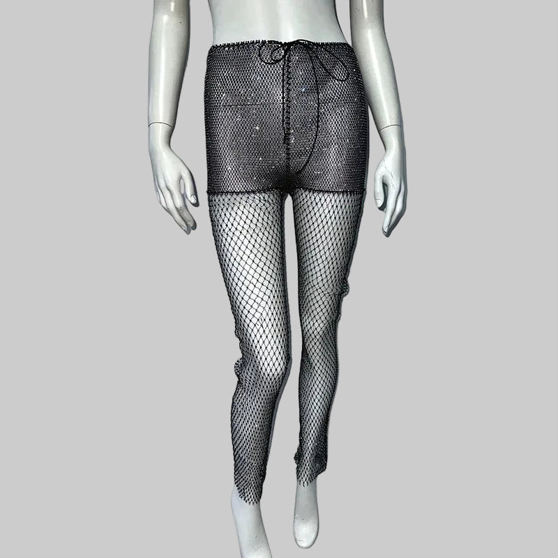 Rhinestone Fishnet Pants - Sheer Mesh Trousers