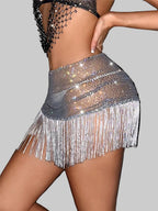 Rhinestone Tassel Fishnet Mini Skirt - Sheer Mesh Party Skirt
