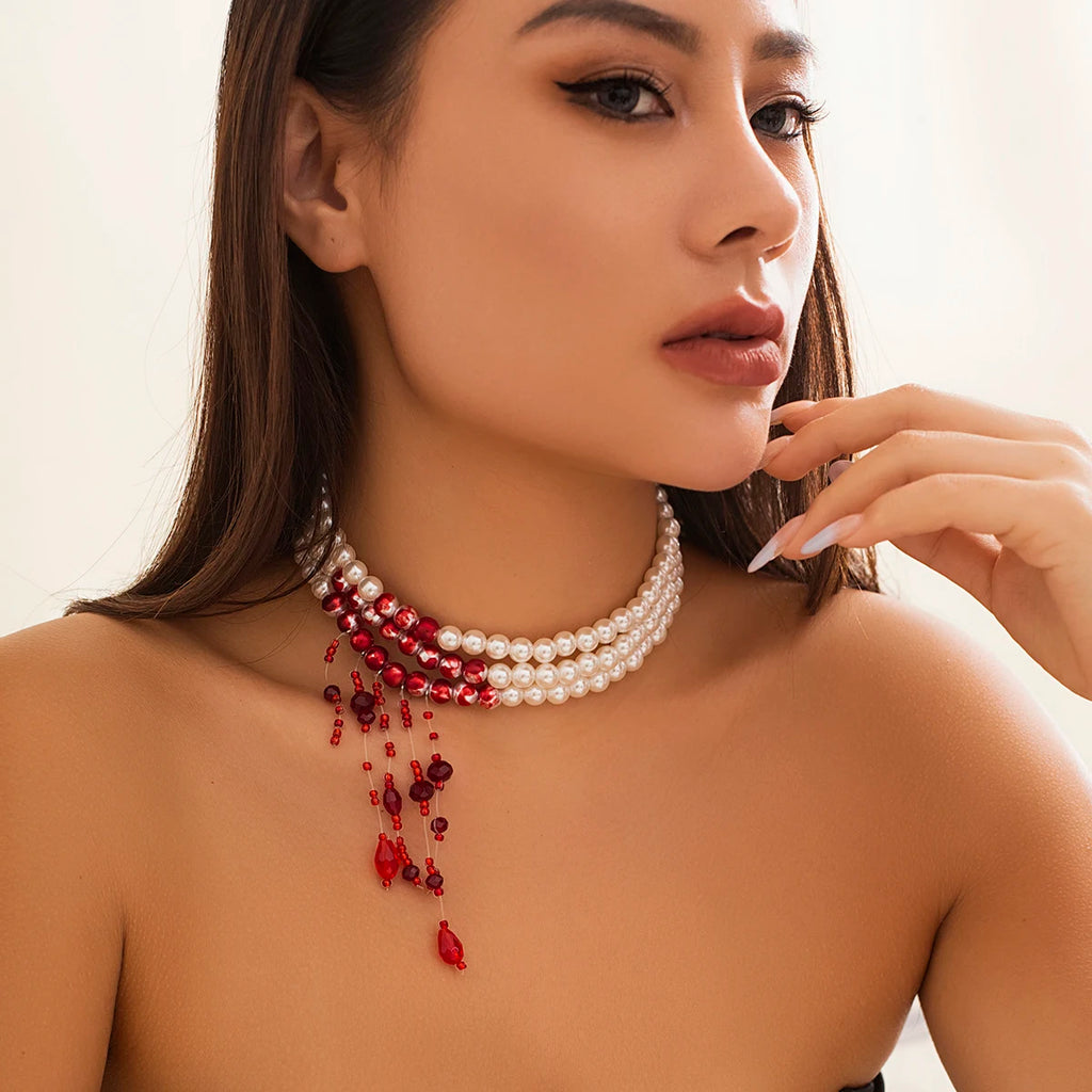 Pearl Choker | Red Crystal Drops