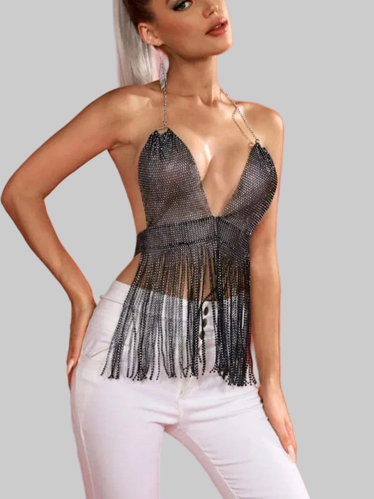 Rhinestone Tassel V-Neck Camisole - Backless Tank Top