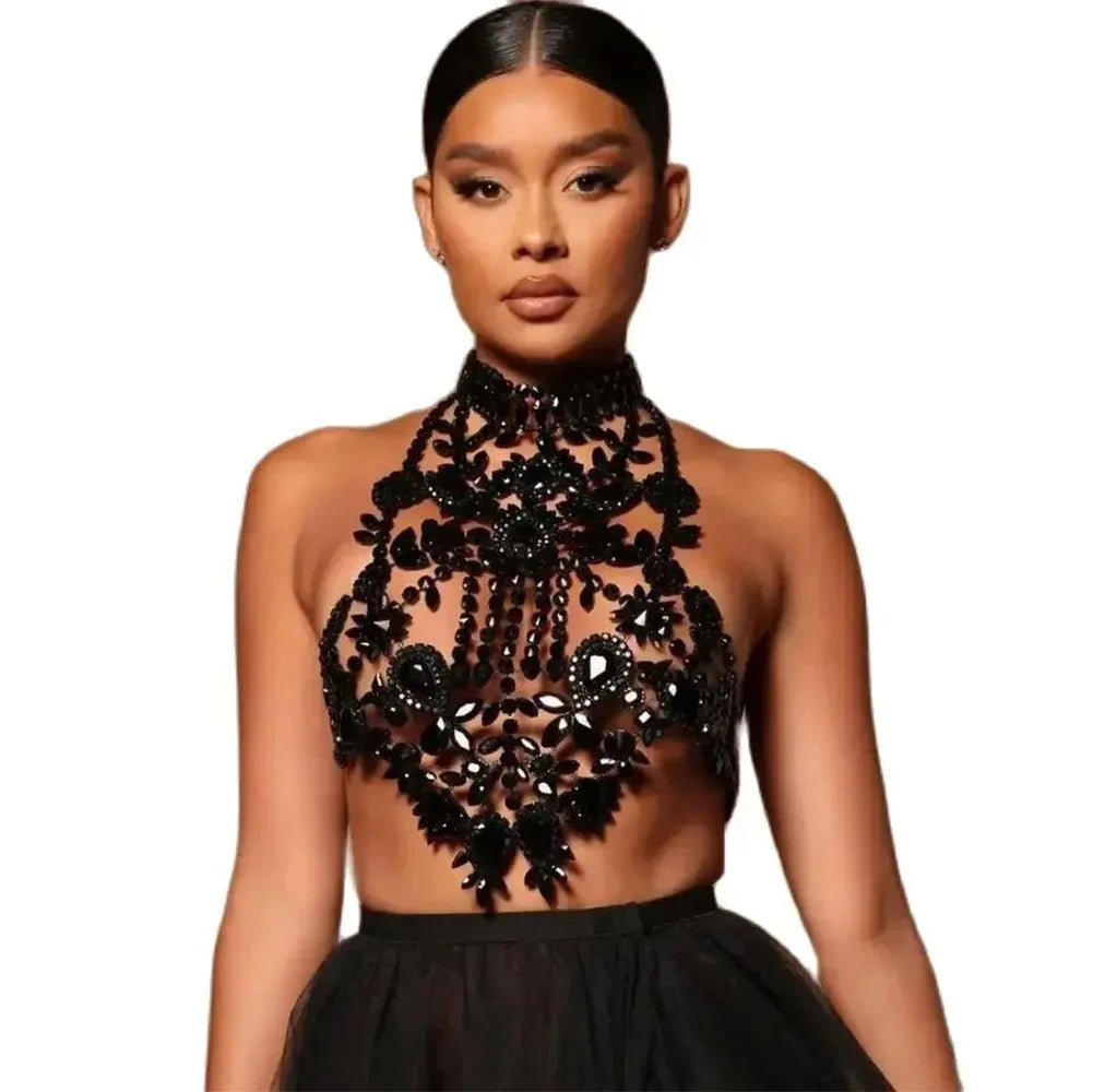 Rhinestone Body Chain Top | Stage & Drag | Black & Silver