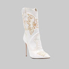 Denim Western Cowboy Boots - Embroidered Stiletto Heel Ankle Boots