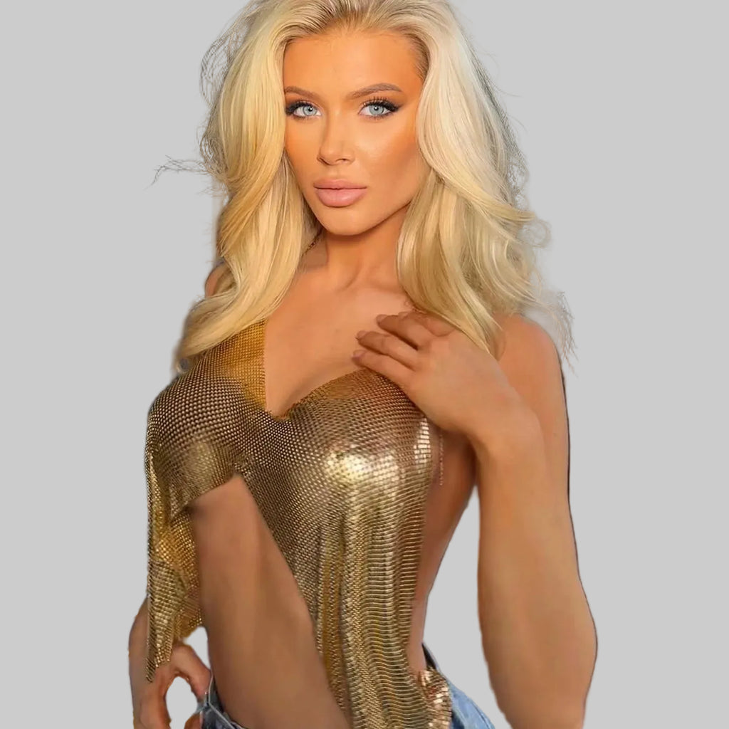 Metal Sequin Halter Crop Top - Deep V Backless Festival Tank