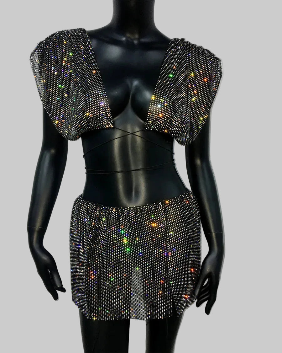 Rhinestone Crop Top & Skirt Set - Backless Festival Two-Piece