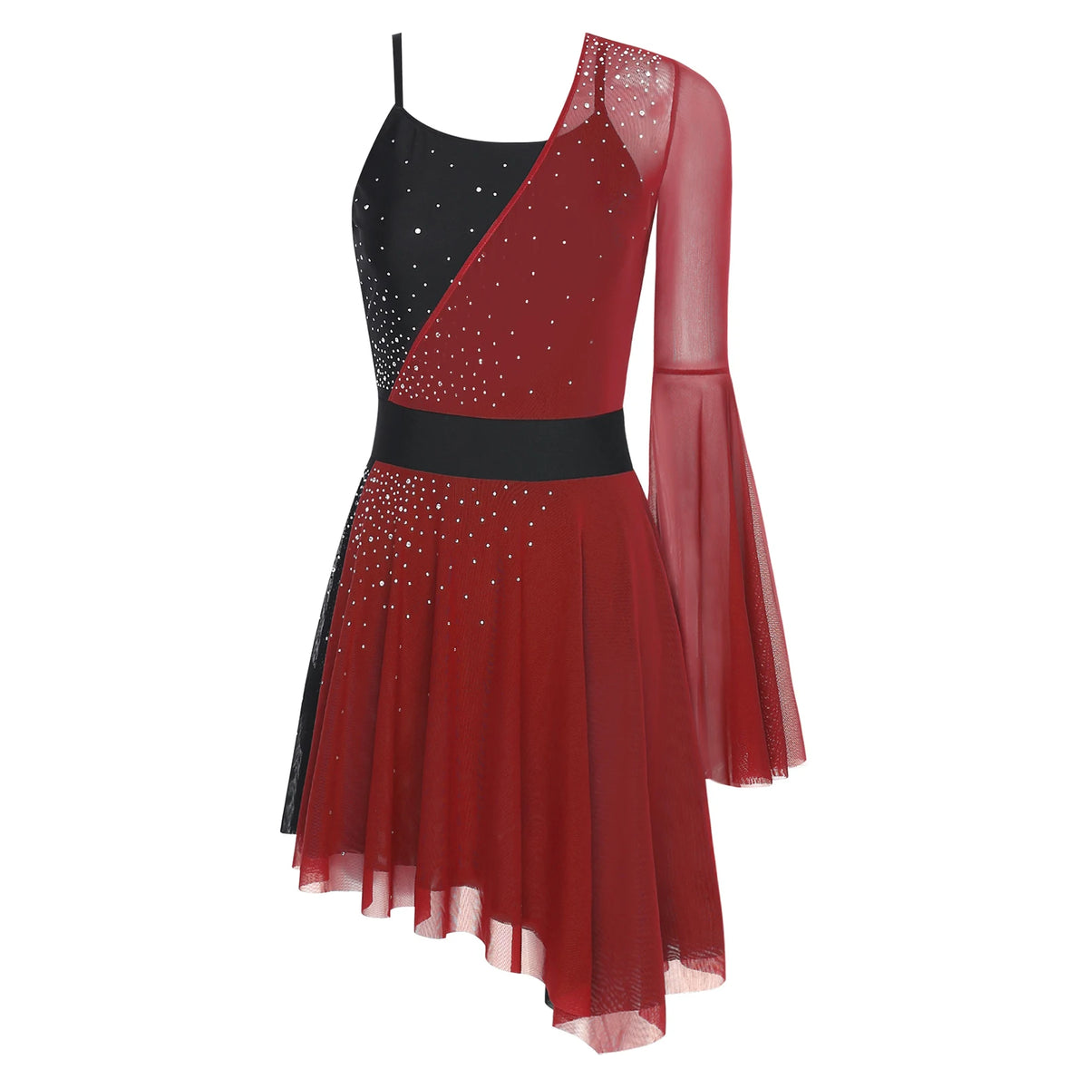 Women's Color-Block Flare Sleeve Dance Dress | Asymmetric Mesh Hem & Built-In Briefs