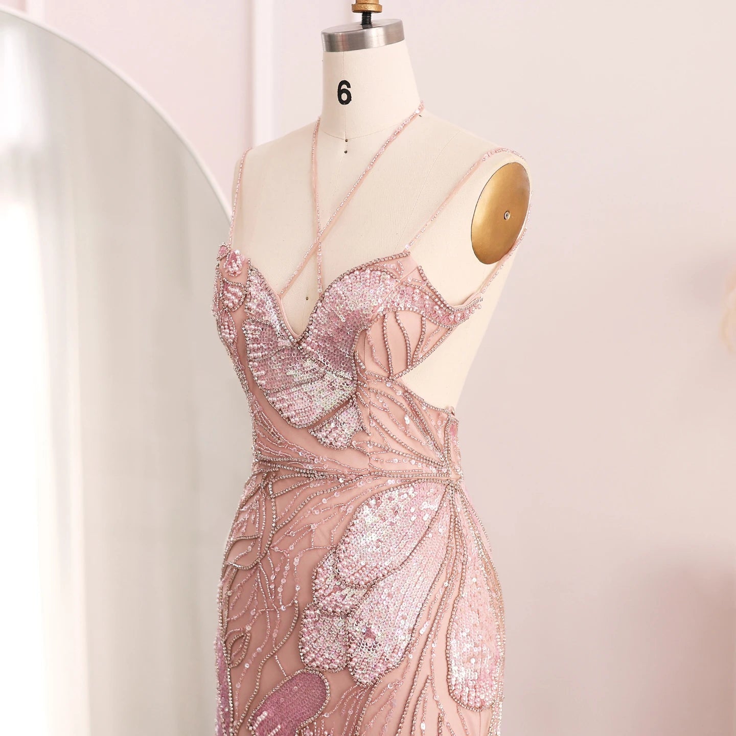 Feather Mermaid Pageant Gown | Beaded Tulle | Pink & Blue