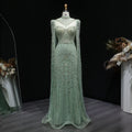 Beaded Crystal Gown | High Neck Cape Sleeve | Blue & Green