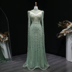 Beaded Crystal Gown | High Neck Cape Sleeve | Blue & Green
