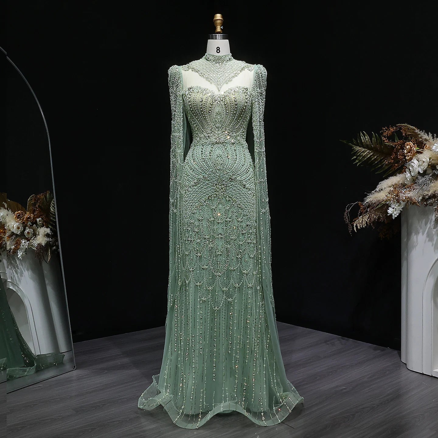 Beaded Crystal Gown | High Neck Cape Sleeve | Blue & Green
