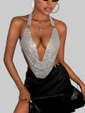Rhinestone Deep V Halter Crop Top - Backless Tank